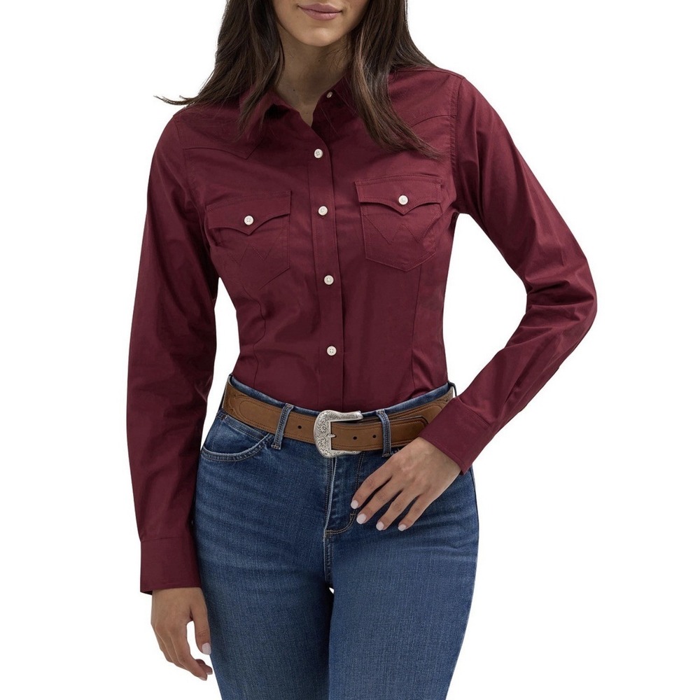 NWT Wrangler Retro Long Sleeve‎ Button Up Wine Red Double Pocket Women's Size L